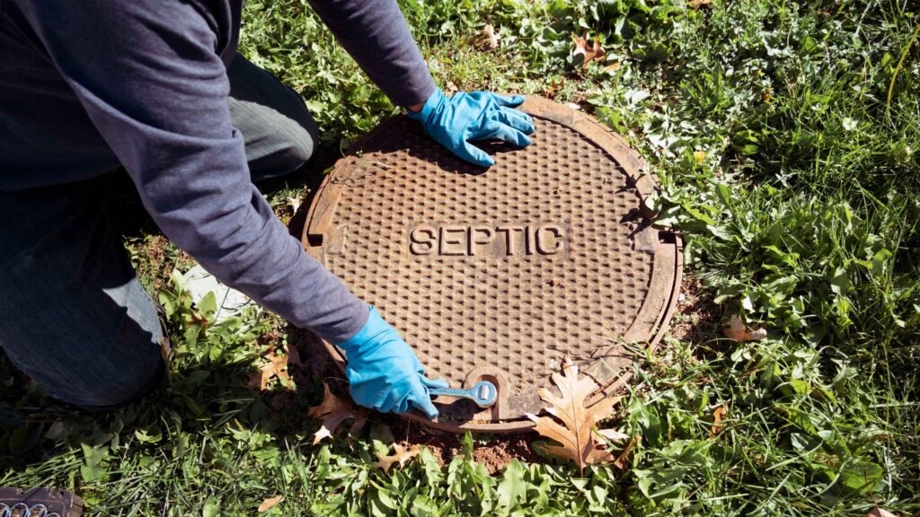 Worker opening a septic tank cover for cleaning in Kandy